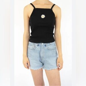 Wild Fable Cute Black Embroidered Daisy Ribbed Mini Tank Top S